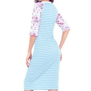 Lovely Fashion Medium Blue Stripe/Floral Sleeve Summer Midi Dress